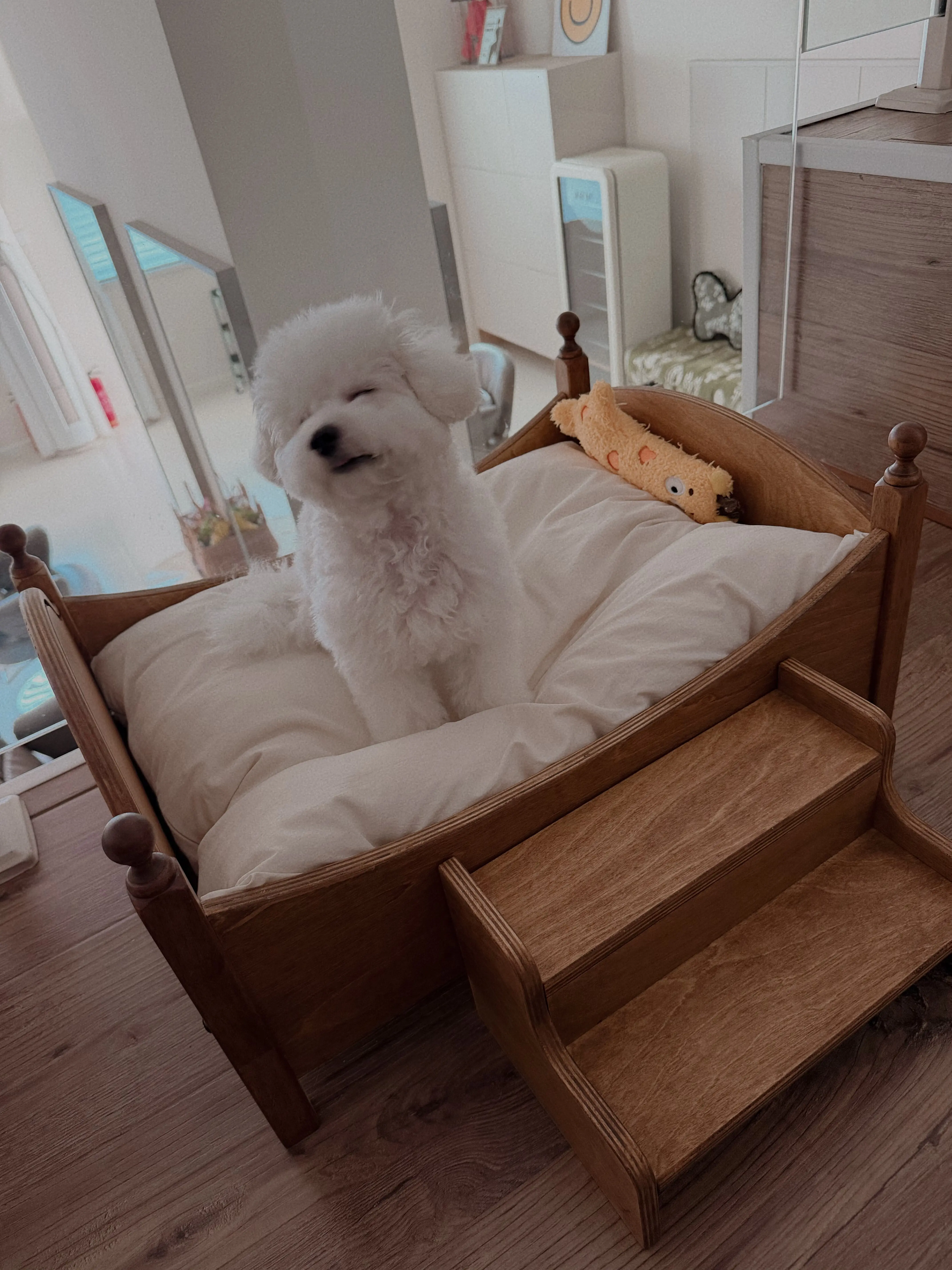 wooden pet stairs for small dogs in a customer's home - Original Retro Wooden Pet Bed with Stairs